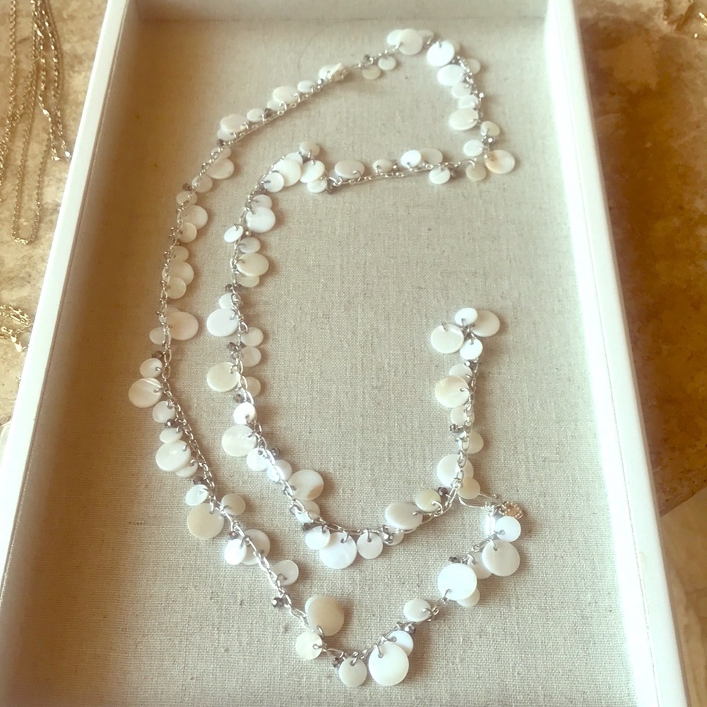 Stella and Dot long silver and shell necklace
